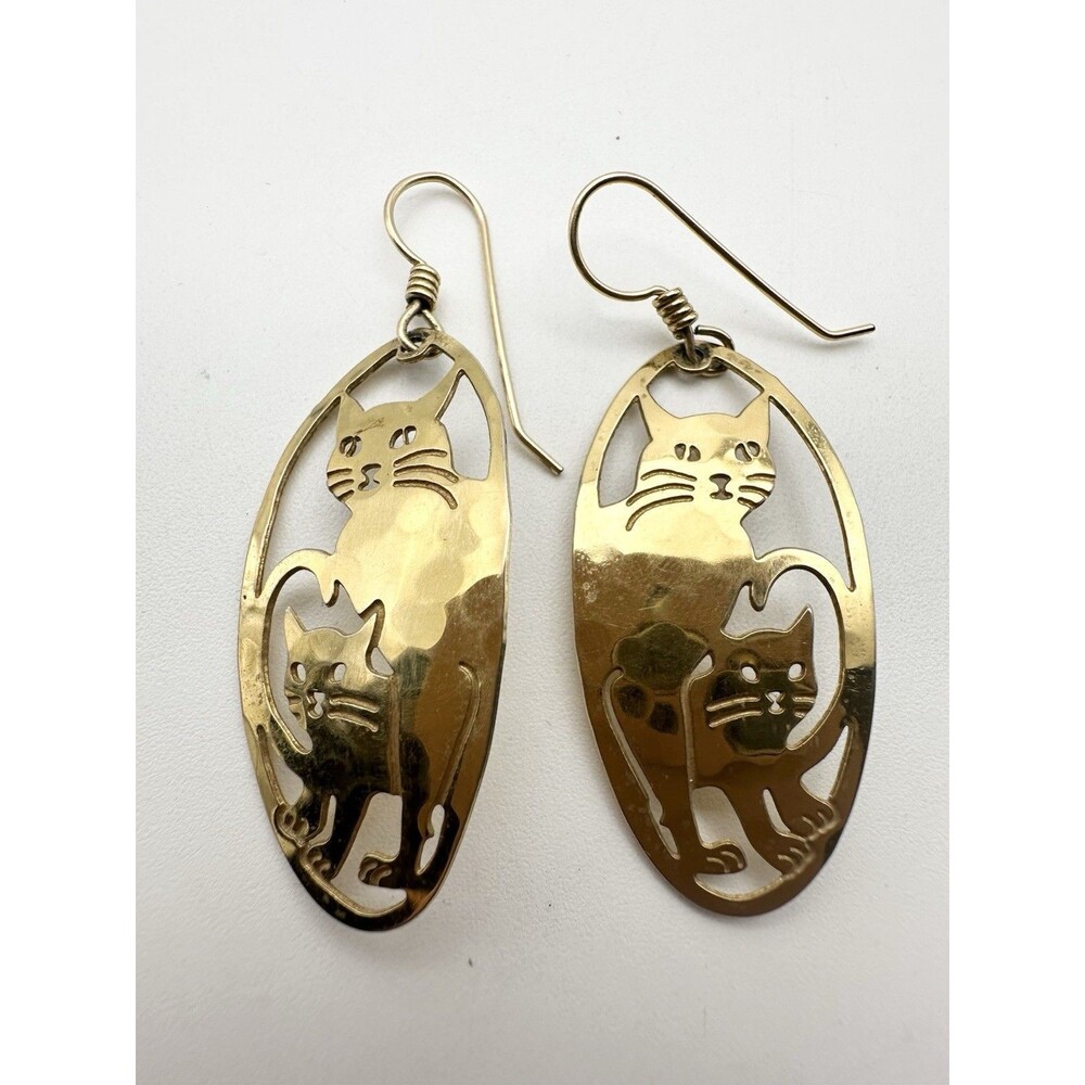 Wild Bryde Cat Earrings Pierced Dangle Gold Tone Hammered